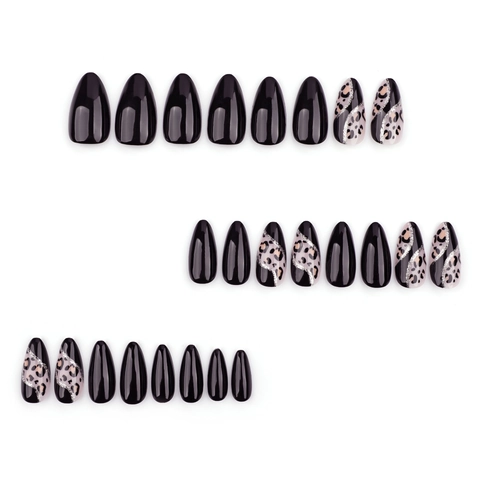 Unghie Finte A Pressione Nere Lucide E Stampa Leopardata Forma Mandorla Unghie Lunghe Con Decoro Glitter Manicure Di Moda Per Donna