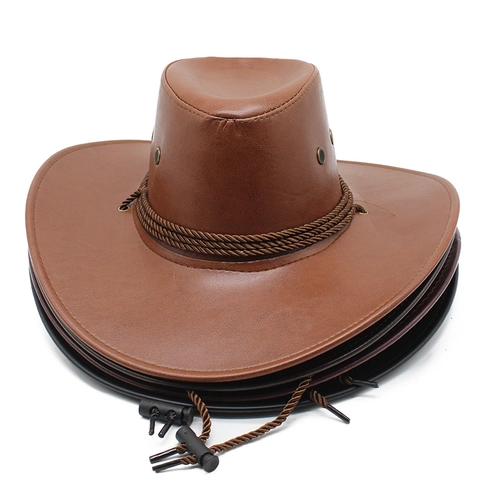 Western Cowboy Hat Vintage Faux Leather Wide Brim Outdoor Jazz Fedora With Braided Band And Adjustable Chin Strap