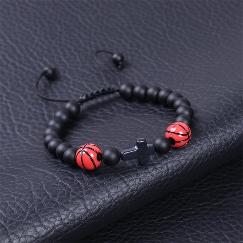 Sports Beaded Bracelet Frosted Natural Stone Basketball Soccer Cross Pendant Adjustable Woven Rope Inspirational Gift