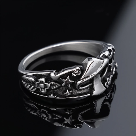 Mushroom Pentagram Stainless Steel Ring Gothic Carved Vintage Punk Streetwear Finger Jewelry For Men Women