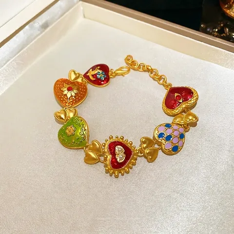 Collier Bracelet Boucles D'oreilles Émail Coeur Coloré Style Palais Vintage Avec Tige En Argent Sterling 925