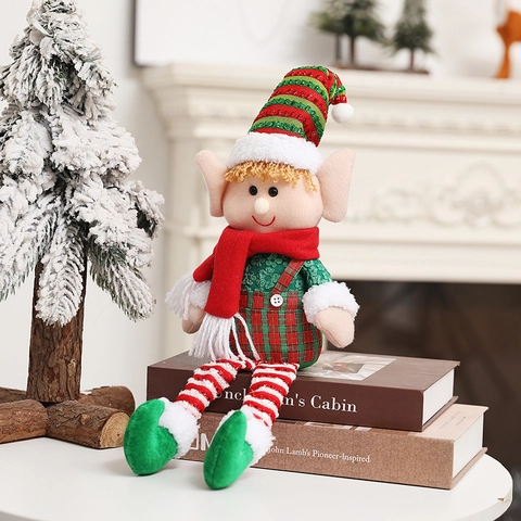 Weihnachtself Plüschpuppe Lange Beine Stoff Karo Gestreift Ornament Tisch Deko Feiertag Geschenk