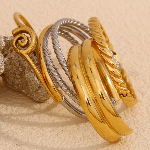 Fashion Stainless Steel Bangle Bracelet For Women 18K Gold Plated Layered Cross Twisted Rope Geometric Jewelry