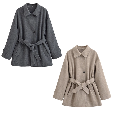 Women Woolen Coat Fashion Lapel Single Breasted Short Jacket With Belt Elegant Solid Color Outerwear Office Casual