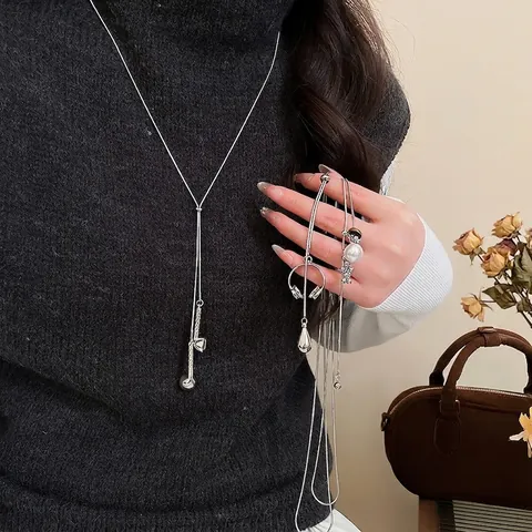 Long Pendant Necklace Silver Tone Alloy Snake Bone Chain Faux Artificial Pearl Tiger Eye Stone Tassel Lariat Sweater Chain Women