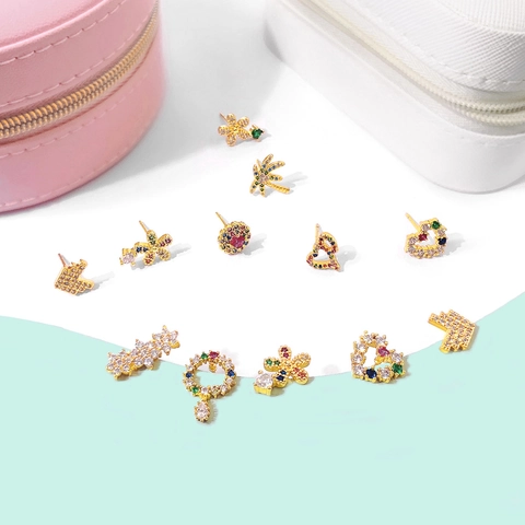 Kleurrijke Zirkonia Oorbellen Verguld Messing Geometrisch Hart Bloem Krans Elegante Niche Stijl Sieraden Voor Dames