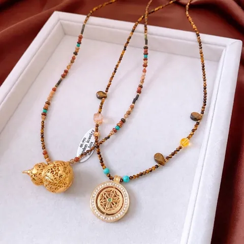 Collier Perles Oeil De Tigre Cuivre Pendentif Rond Creux Gourde Zircon Vintage Bohème Chaîne Pull Pour Femme