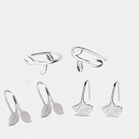 Pendientes de Botón de Hoja de Plata Fina S999 Diseño de Hoja de Ginkgo Estilo Japonés Minimalista para Mujer