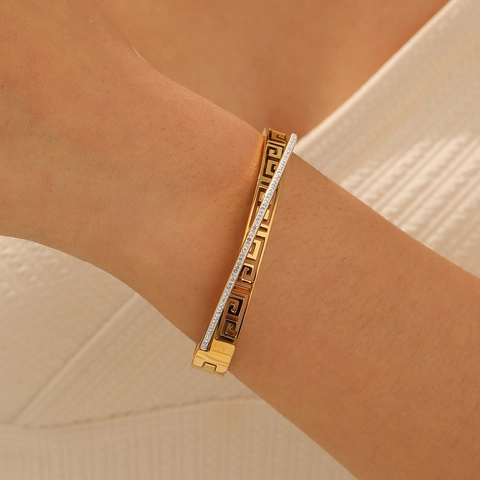 Bracciale Rigido In Acciaio Inossidabile Placcato Oro Motivo Geometrico Cavo Zircone Gioielli Di Lusso Per Donne