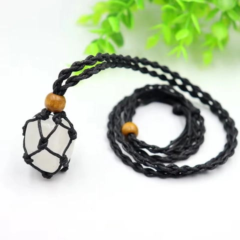 Collar Soporte De Piedra De Malla Tejido A Mano Cordón Ajustable Con Cuenta De Madera Para Colgante Cristal Bruto