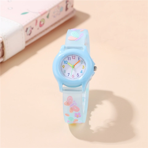 Kids Quartz Watch Butterfly Flower Embossed Silicone Strap Cartoon Student Analog Wristwatch Colorful Arabic Numerals