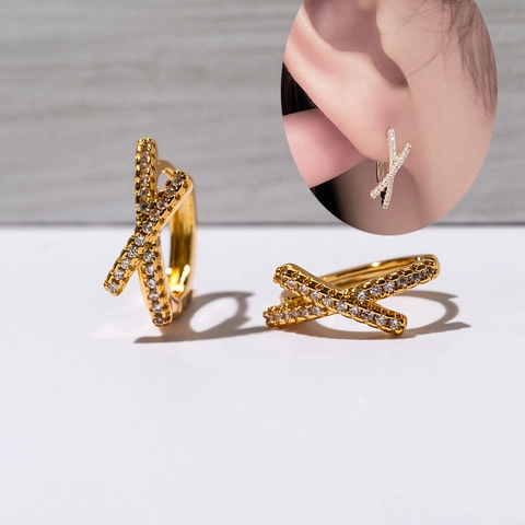 X Shape Cross Huggie Hoop Earrings Copper With Cubic Zirconia Micro Pave Vintage French Style Jewelry Gift For Women