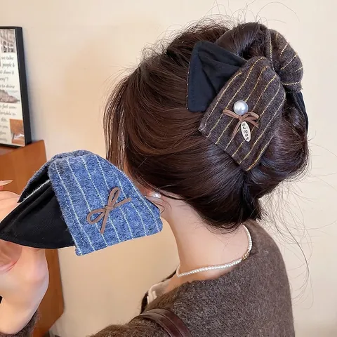 Pinza Para El Cabello Con Lazo De Tela Clip De Tiburón De Acrílico Con Perla Artificial Sintética Y Colgante Accesorios De Peinado Vintage
