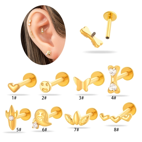 Titan Labret Stecker Intern Mit Gewinde Flache Rückseite Ohrknorpel Piercing Schmuck Herz Schmetterling Geist Form Zirkon