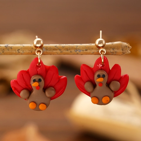 Creative Handmade Polymer Clay Turkey Stud Earrings For Women Thanksgiving Autumn Holiday Jewelry Gold Alloy Post Multi Color