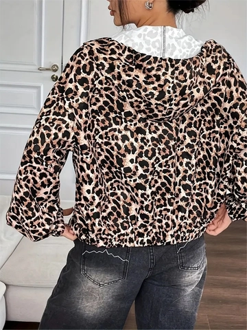 Damen Kapuzenjacke Leopard Druck Nylon Reißverschluss Kordelzug Cardigan Lässig Streetwear Leicht Winddicht Mantel