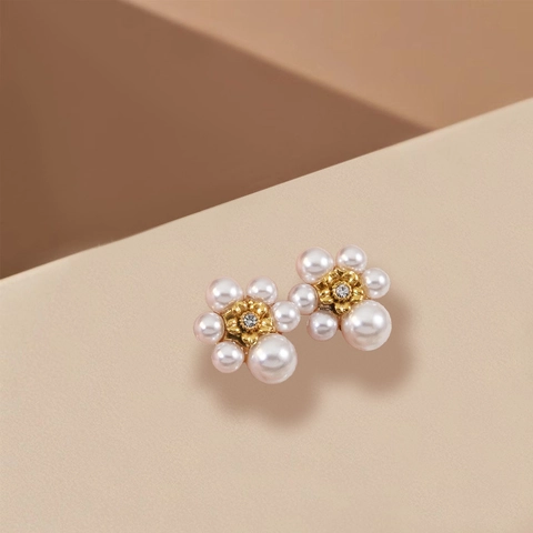 Flower Stud Earrings Stainless Steel With Imitation Artificial Pearl And Zircon Elegant Sweet Jewelry For Women Lightweight Accessory