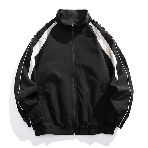 Men Stand Collar Jacket Zip Up Windbreaker Contrast Color Stripe Casual Sports Outerwear Loose Fit Lightweight