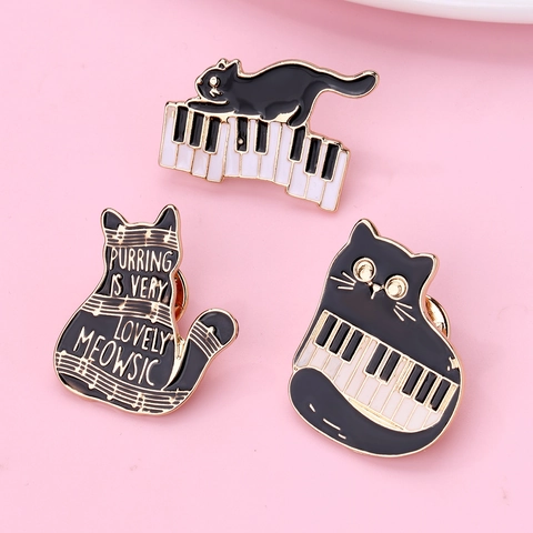Juego de 3 Broches de Esmalte de Gato Negro y Piano Creativos para Mujer Tema Musical Aleación Goteo de Aceite Pin de Solapa Joyería
