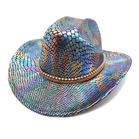 Cappello Da Cowboy Occidentale Texture Pelle Di Serpente Metallica Iridescente Fascia Di Perline Intrecciata Festa