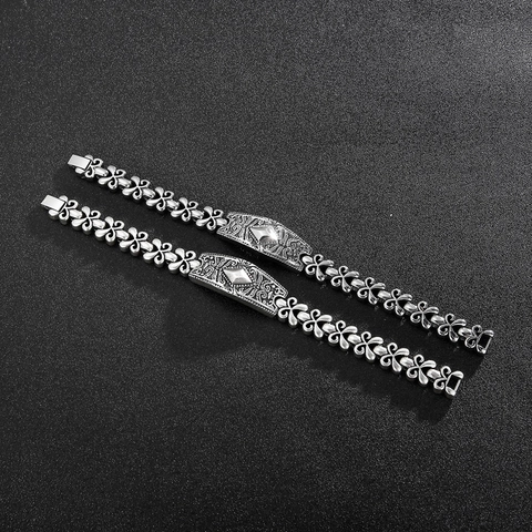Men Retro Stainless Steel Bracelet Carved Fleur De Lis Rhombus Centerpiece Gothic Punk Biker Jewelry