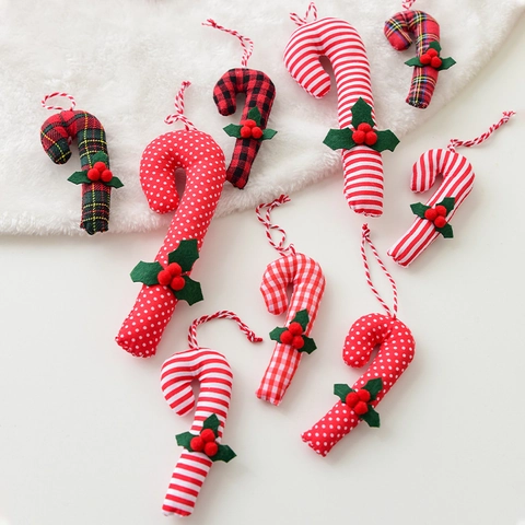 Ornements de Noël à Suspendre en Tissu Sucre d'Orge Rouge Blanc Carreaux Rayures Pois Décorations de Sapin de Noël pour Maison
