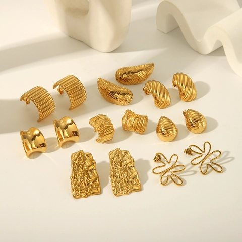 Minimalist Stainless Steel Textured Hoop Earrings Geometric C Shaped Gold Plated Stud Earrings For Women Fashion Jewelry Gift