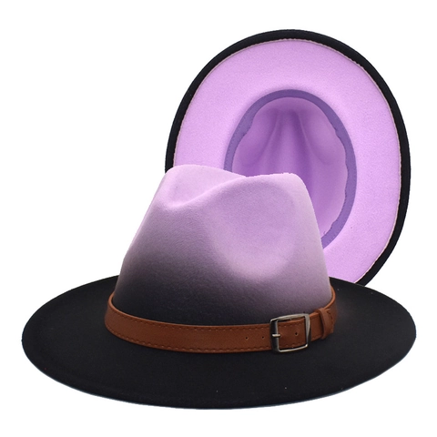 Cappello Fedora Retro Gradiente Ombre Tesa Larga Feltro Di Lana Jazz Con Fibbia In Cintura Di Pelle