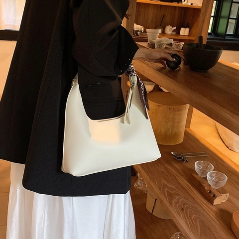 Minimalist Women PU Leather Hobo Underarm Bag With Decorative Satin Scarf Solid Color Zipper Closure Small Shoulder Bag