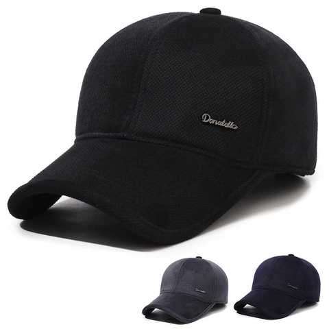 Men Winter Baseball Cap With Foldable Ear Protection Thick Warm Woolen Peaked Hat Outdoor Windproof Solid Color