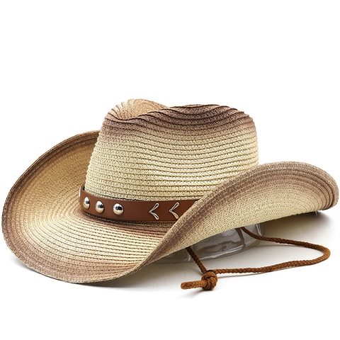 Western Cowboy Straw Hat Vintage Ombre Paper Woven Sun Hat With Leather Belt Rivets And Adjustable Chin Strap For Unisex