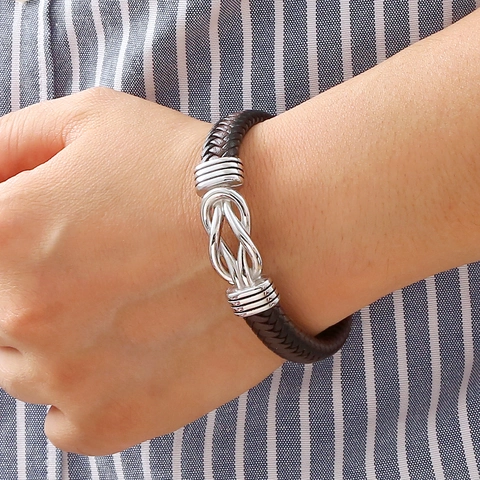 Bracciale In Pelle Microfibra Intrecciata Con Nodo Infinito In Acciaio Inossidabile Chiusura Magnetica Stile Punk Per Uomo