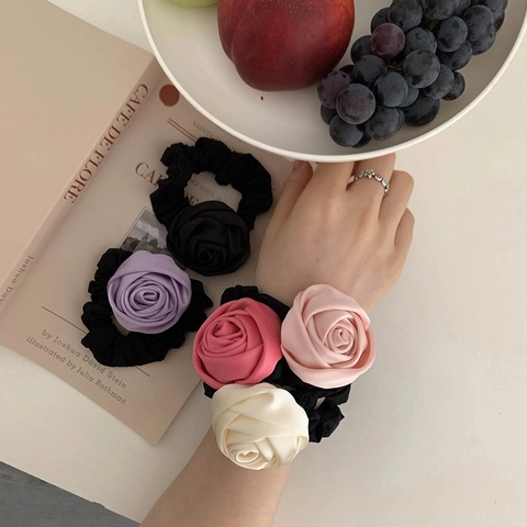 Rose Flower Hair Scrunchies Satin Fabric High Elasticity Handmade Korean Style Sweet Hair Accessories For Women