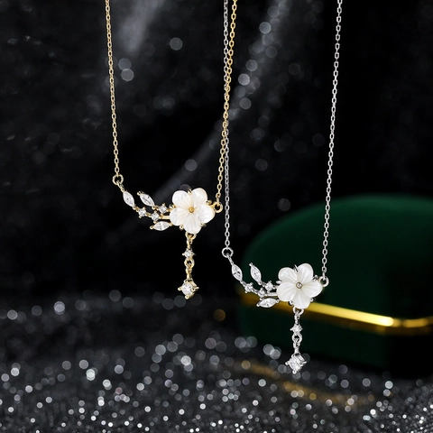 Collier Pendentif Fleur Argent Sterling 925 Nacre Zircon Fleur De Pêcher Feuille Chaîne Clavicule Élégant Cadeau Femmes