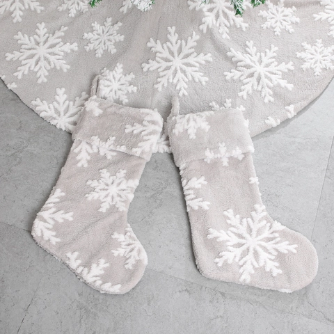Large Grey Christmas Stocking With White Snowflake Pattern Soft Plush Velvet Xmas Fireplace Hanging Decor Gift Bag