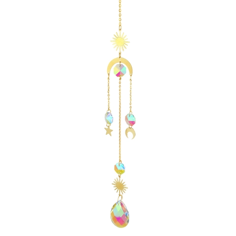 Crystal Suncatcher Wind Chime Hanging Ornament Gold Metal Sun Moon Star Rainbow Maker Garden Window Home Decor