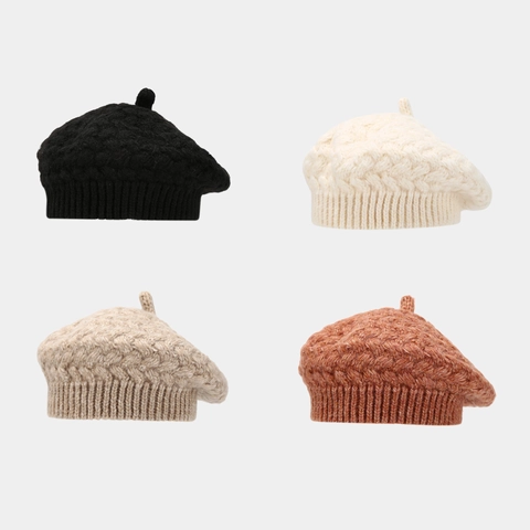 Acrylic Knit Beret Hat For Women Retro Cable Textured Solid Color Warm Winter Pumpkin Artist Cap