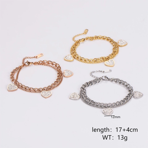 Heart Charm Bracelet 316L Stainless Steel Double Layer Chain Pave Zircon Fashion Jewelry For Women