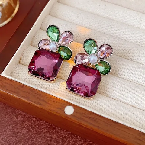 Pendientes Vintage Flor Cuadrada Cristal Pedrería Con Silver Earring Post Acentos Perlas Artificiales Para Mujeres Lujo