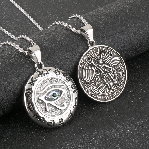 Sint Michaël Beschermengel Ketting Hanger Oog Van Horus Roestvrij Staal Zirkoon Schelp Vintage Punk Sieraden Voor Mannen