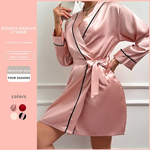 Dames Imitatie Satijnn Badjas V-Hals Satijn Slaapkleding Lange Mouwen Elegante Homewear