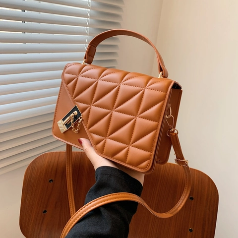 Women PU Leather Quilted Crossbody Bag Minimalist Rhombic Square Shoulder Handbag With Gold Chain Lock Casual Daily