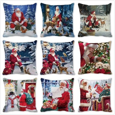 Merry Christmas Pillow Case Peach Skin Velvet Cushion Cover Santa Claus Reindeer Oil Painting Style Sofa Home Decor