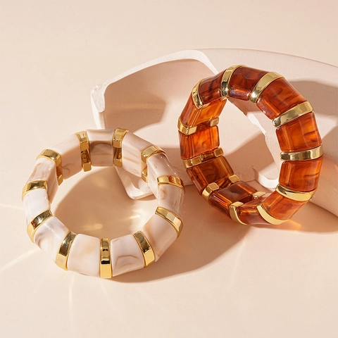 Bracciale Elastico Largo Acrilico Resina Motivo Sfumato Geometrico Lega Vintage Bangle Spesso Per Donna Gioielli Retrò