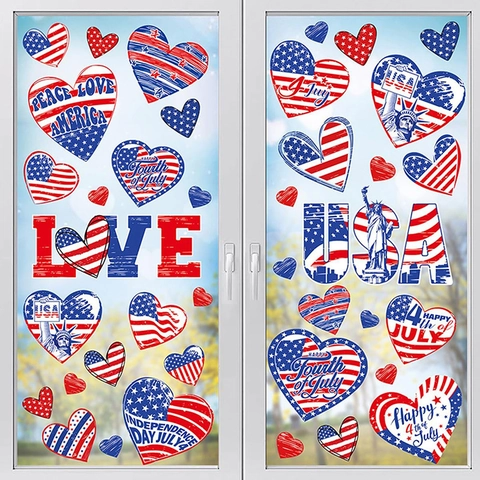 Independence Day Window Clings Patriotic USA Love Heart Flag Statue Of Liberty Gnome PVC Static Wall Stickers