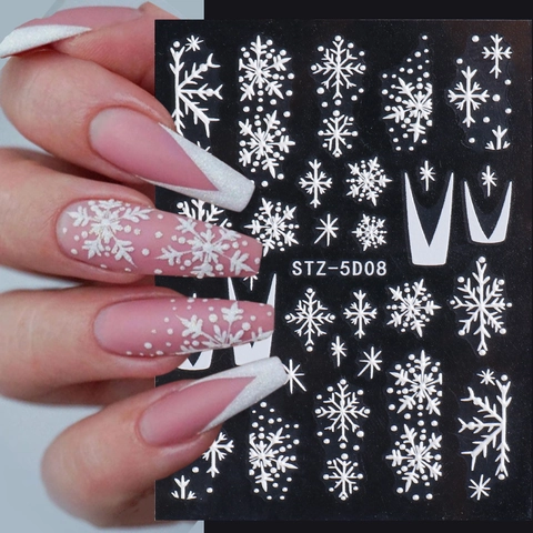 5D Geprägte Weihnachten Nagelaufkleber Weiße Schneeflocke Schneemann Winter Relief Selbstklebende Nagelsticker Für DIY Maniküre Damen Dekoration
