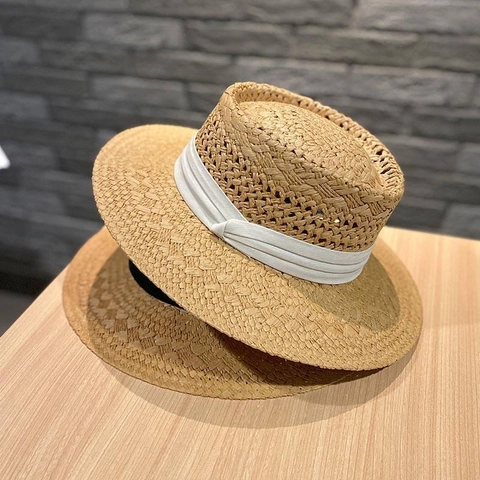 Strohhut Damen Boater Hut Breite Krempe Sonnenschutz Sommer Strandurlaub Dekoband Atmungsaktiv Elegant