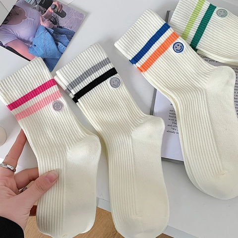 Women Preppy Style Cotton Mid-Tube Socks With Smile Face Embroidery Striped Breathable Crew Socks Comfortable Hosiery