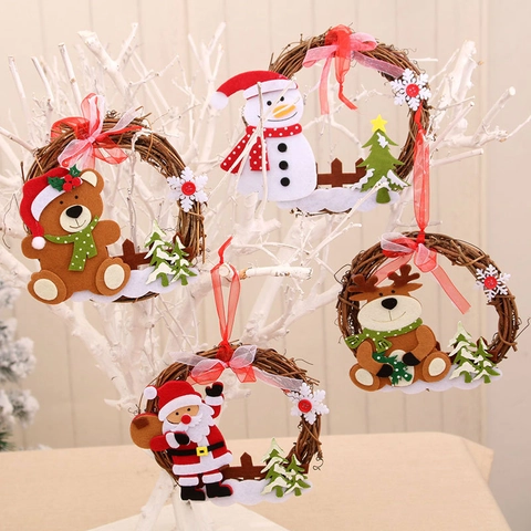 Weihnachts Kranz Rattan Deko Naturholz Filz Weihnachtsmann Schneemann Rentier Bär Cartoon Ornament Für Tür Wand Zuhause