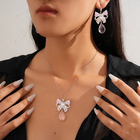 Copper Zircon Bowknot Necklace And Earrings Pink Water Drop Pendant Elegant Sweet Jewelry Gift For Her Aesthetic Accessories